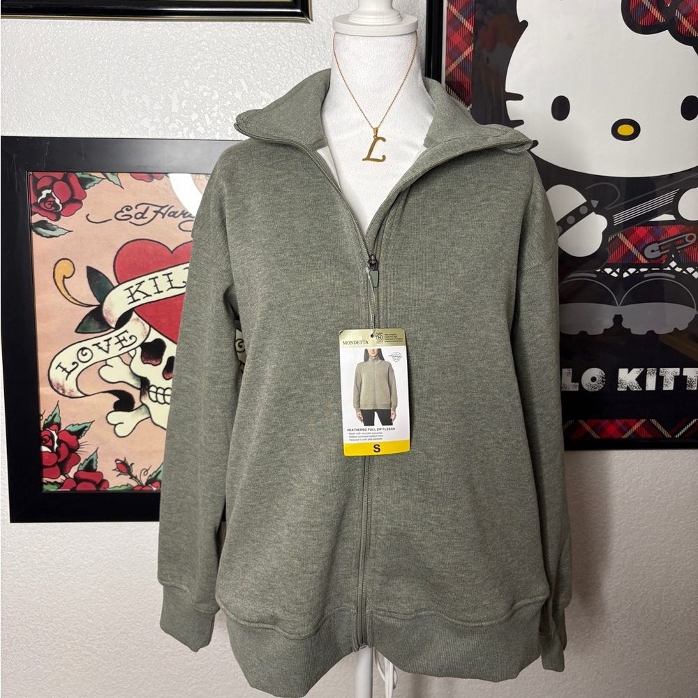 NWT Mondetta Heathered Green Full Zip Fleece Jacket Cozy Casual Athleisure